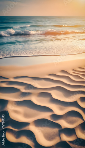 Tranquil beach scene with rippled sand dunes and gentle waves at sunset  showcasing warm tones and a serene atmosphere.