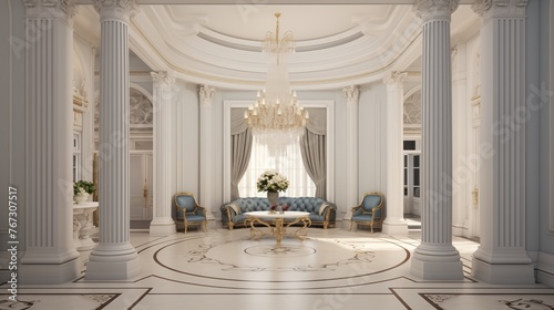Lavish neoclassical residential oval entrance hall with inlaid herringbone parquet floors fluted pilasters crystal chandeliers and ionic columns. photo