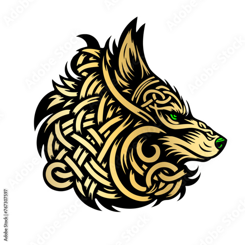 Vector wolf head silhouette inside half moon in gold, silver and white colors. Side view of wild animal in crescent. Wolf vector logo inside demilune isolated on dark background. photo