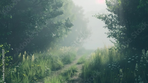 Soft misty forest nature background © Natalia