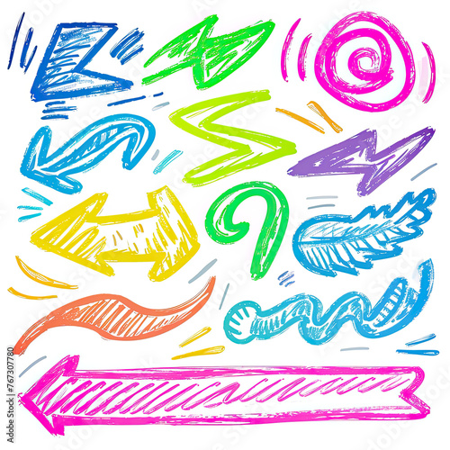 Marker drawn colored arrows, swirls and scribbled shapes. Childish hand drawn doodle dividers, rectangle brush strokes, colorful underline markers collection.