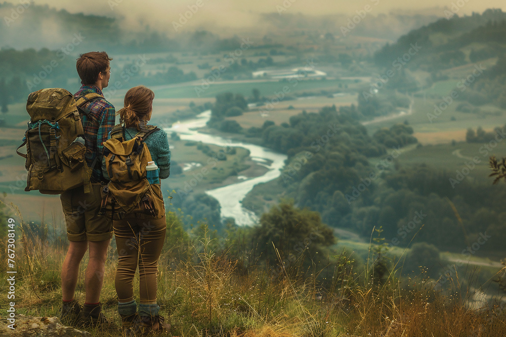 Couple with backpacks enjoying the view of a winding river from a mountain overlook. Hiking companionship and landscape admiration concept. Design for travel and outdoor lifestyle content. Couple with backpacks enjoying the view of a winding river from a mountain overlook. Hiking companionship and landscape admiration concept. Design for travel and outdoor lifestyle content.