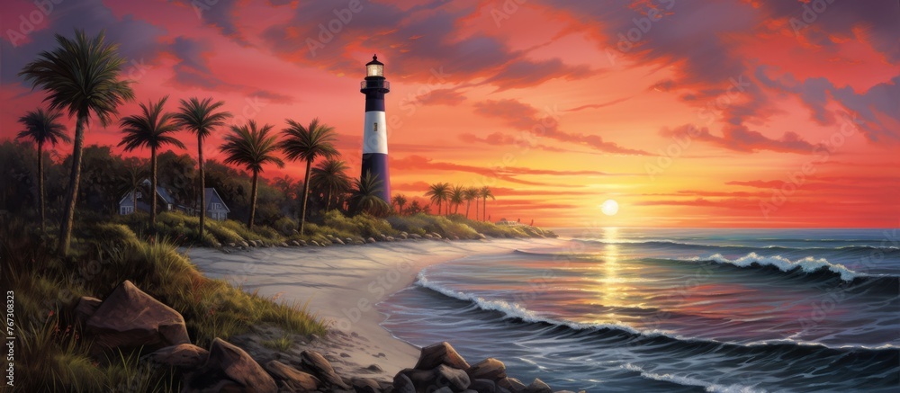 A picturesque scene of a lighthouse standing tall on the beach at sunset, with the sky painted in hues of dusk and the afterglow reflecting on the water