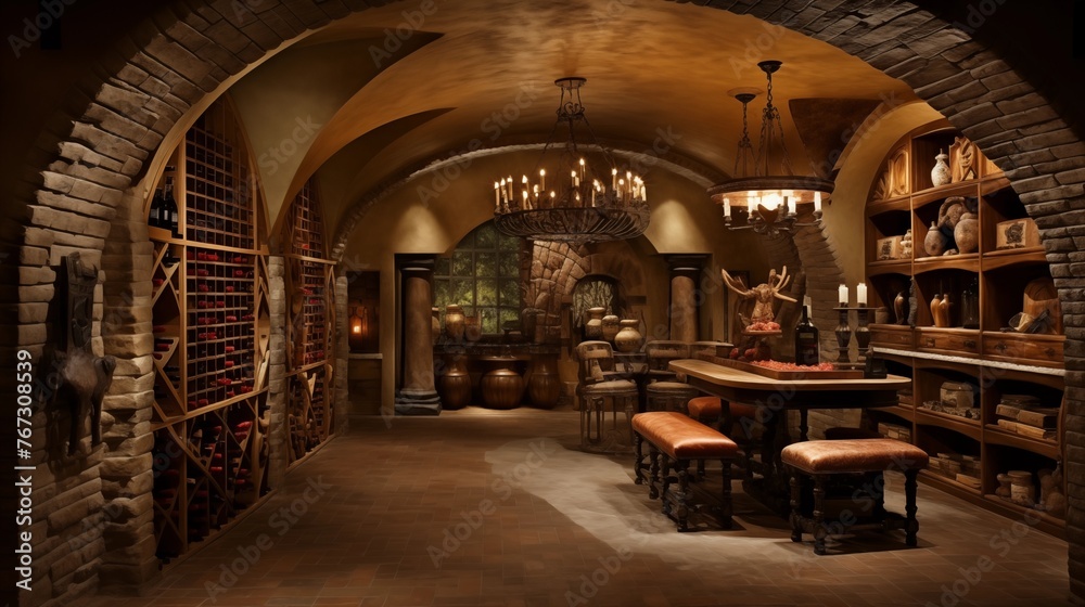 Lavish Tuscan-inspired wine cellar with arched brick ceilings stone ...