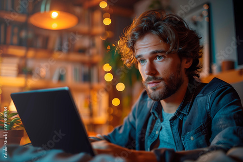A young man with curly hair and a denim jacket looks intently at a laptop screen, his face lit by the warm ambient lighting of a comfortable home office space.