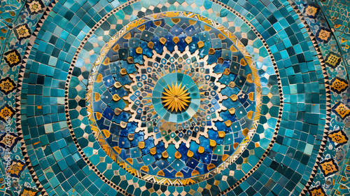 Turquoise mosaic oriental background with arabic patterns  ideal for cultural events and traditional decorations.