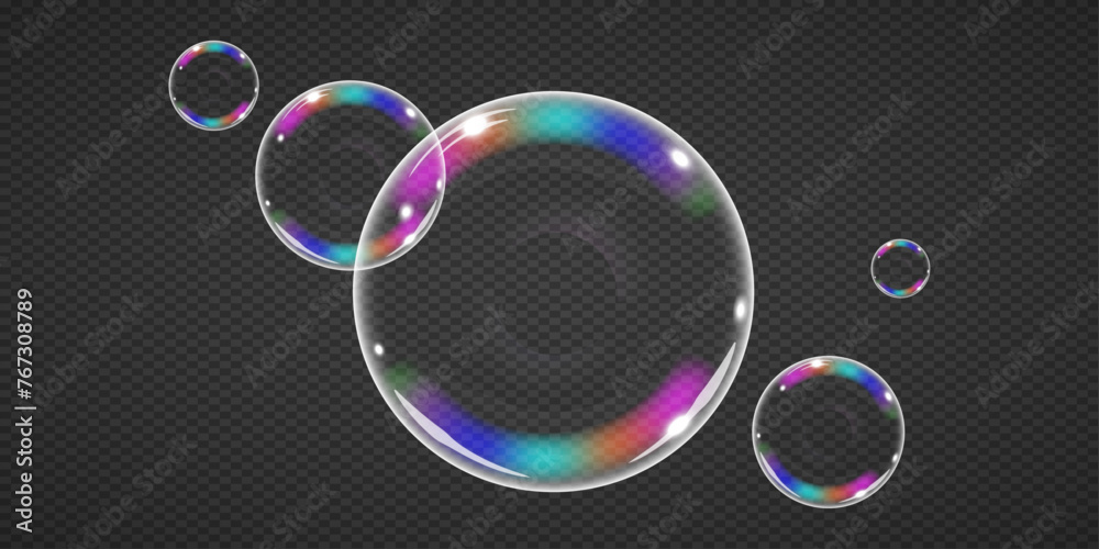  Soap bubbles highlighted on a transparent background. Rainbow shiny soap bubbles, Vector illustration. - obrazy, fototapety, plakaty 