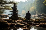 Monk Meditating in Japanese Garden with Lake., generative IA