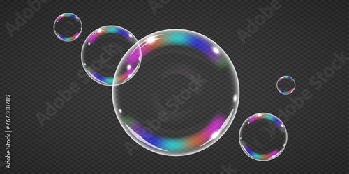  Soap bubbles highlighted on a transparent background. Rainbow shiny soap bubbles, Vector illustration.