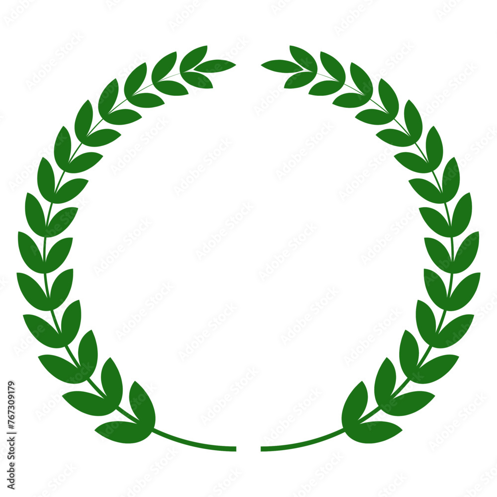 Green Laurel wreath victory icon, circular laurel foliates, black silhouette, oak and wheat wreaths achievement, award, nobility, heraldry. Emblem floral Greek branch flat style vector illustration.