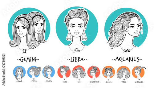 Horoscope zodiac signs girls. Vector illustrations collections..of beautiful women portraits.