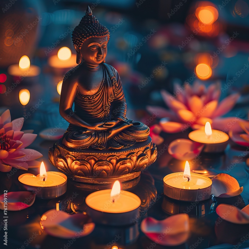 Budha statue with lotus and candles on water. Happy Wesak day. Budha birthday concept.