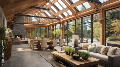 Light and airy indoor/outdoor living pavilion with glass wall systems vaulted ceilings organic wood accents and seamless courtyard flow.
