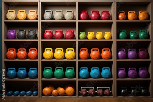 Colorful dumbbells aligned with organized shelves., generative IA