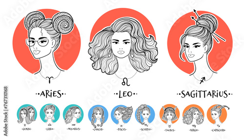 Horoscope zodiac signs girls. Vector illustrations of beautiful women.