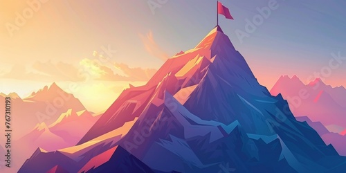 Vibrant mountain peak with flag, symbolizing digital summit achievement photo