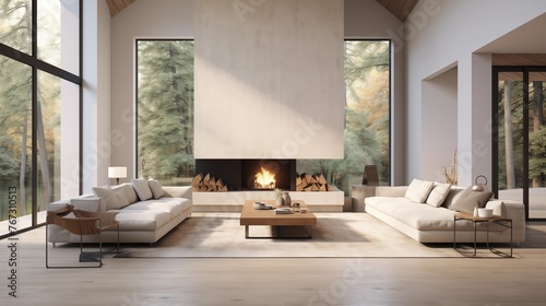 Light and airy minimalist great room with vaulted ceilings massive windows and sleek concrete fireplace.