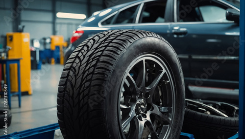 Car care maintenance and servicing Tires in the auto repair service © Mystery