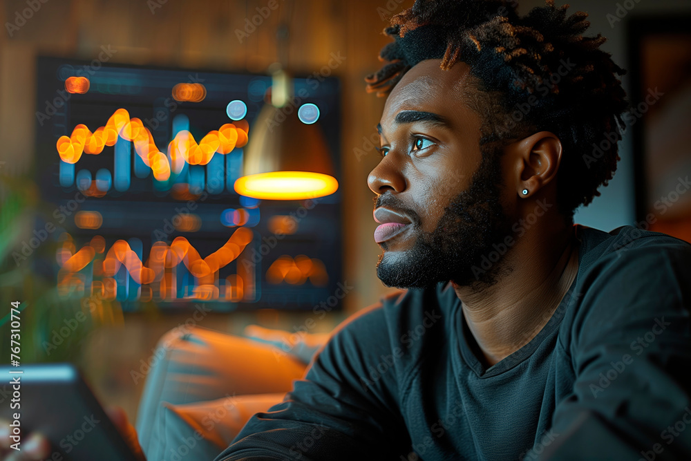 Young businessman with stylized hairstyle and earring in his ear is looking thoughtfully into distance, holding a gadget in his hand, with bright stock market charts glowing on the screen next to him