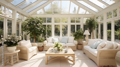 Light and breezy sunroom conservatory with vaulted glass ceilings whitewashed wood beams and rattan furnishings.