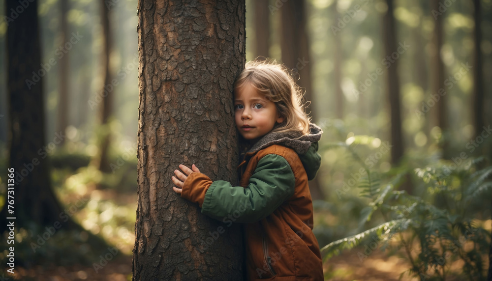 Child hugging a tree in the outdoor forest, global problem of carbon dioxide and global warming. Love of nature. Child hugging a tree in the outdoor forest, global problem of carbon dioxide and global warming. Love of nature.