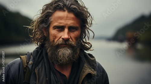 Middle-aged bearded boatbuilder with gentle heart, side view, WW2 era