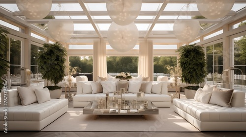 Light and bright glamorous indoor/outdoor living pavilion with Chesterfield sofas chandeliers and retractable glass walls.