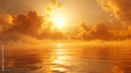 Sunset over calm ocean with golden sky and clouds reflected in water.