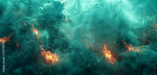 Glowing embers floating through a sea of vibrant turquoise smoke, illuminating the mysterious depths. Copy space on blank labels.
