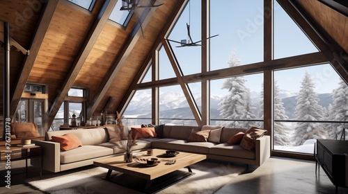 Light-filled A-frame ski cabin with vaulted wood ceilings and massive panoramic windows.
