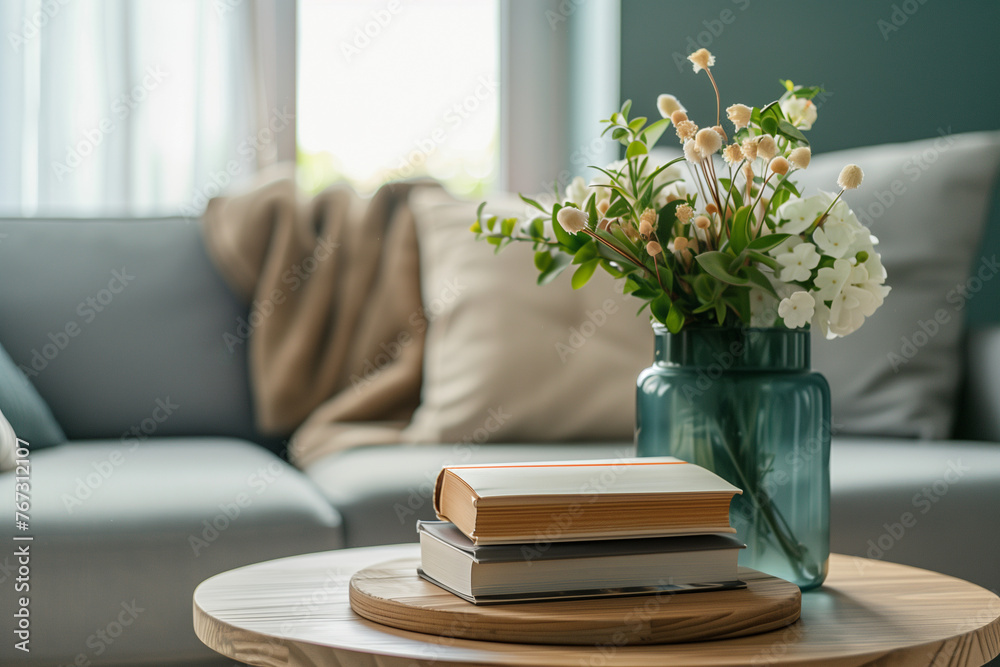 Modern interior, wooden round table with books and a vase on it in the foreground, gray sofa against a window with spring flowers, blurred background of a modern living room, home decor concept.
