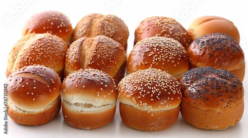 Assorted freshly baked bread rolls with sesame seeds on a white background.