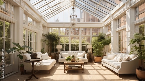 Light-filled conservatory with glass ceilings and walls.
