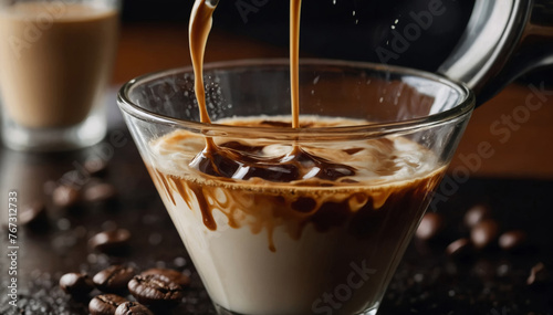 The process of pouring coffee into a glass. Coffee mixing with milk in glass photo