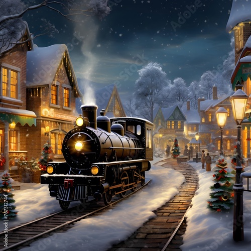 3d illustration of a Christmas train in the snowy village at night