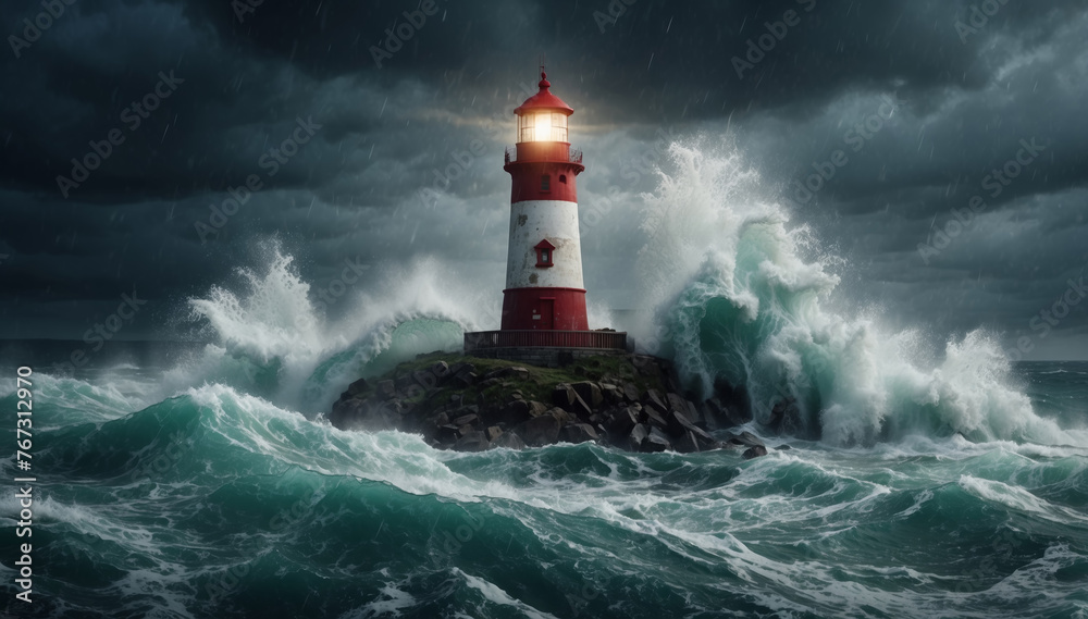 Lighthouse in storm with big waves 
