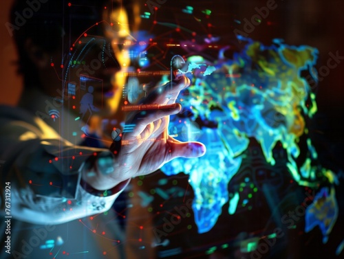 A man is reaching out to touch a globe on a screen. The globe is surrounded by a colorful, abstract background. Concept of wonder and curiosity about the world