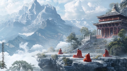 Monks in orange robes engage in peaceful meditation at sunrise, with the backdrop of a traditional mountain temple and misty, rolling hills. Resplendent.