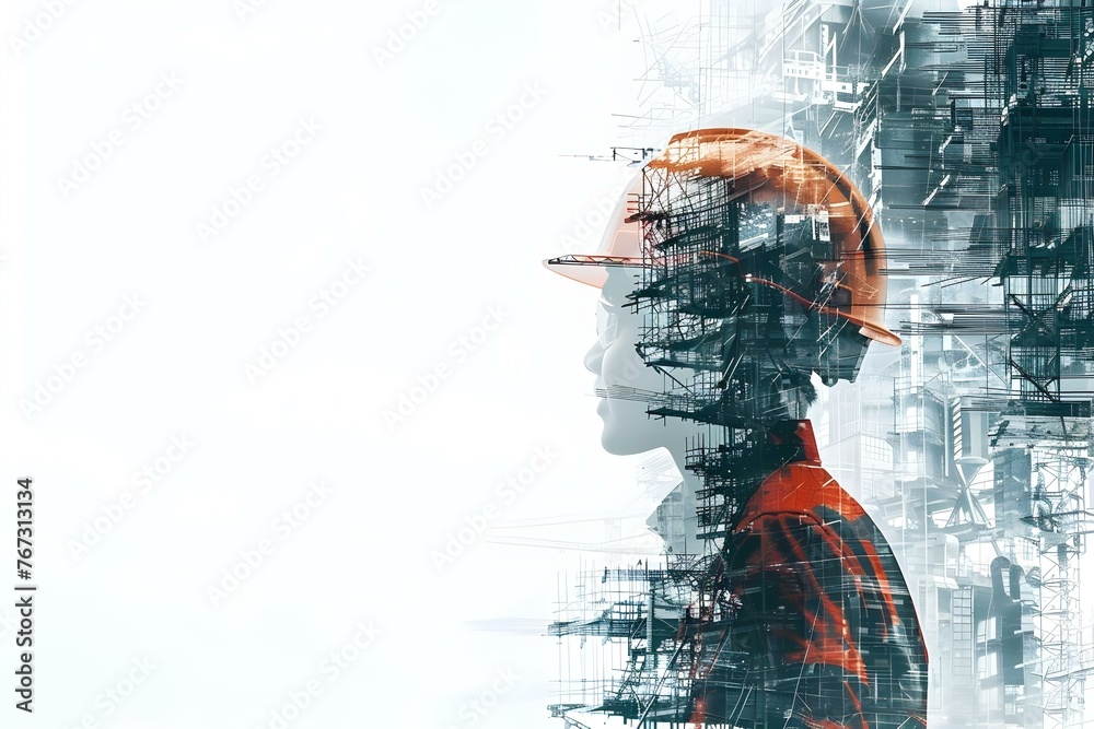 Creating a Digital Construction Design: Double Exposure of Building Engineers and Construction Workers Using Modern Civil Equipment. Concept Digital Construction Design, Double Exposure