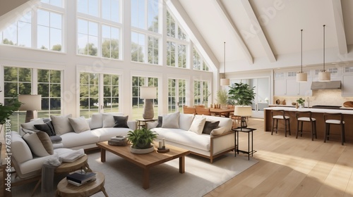 Light-filled great room with soaring vaulted ceilings and ample windows overlooking nature.