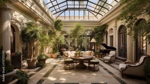Light-filled Mediterranean estate solarium with curved glass ceiling stone floors antique fountain and lush citrus tree plantings.