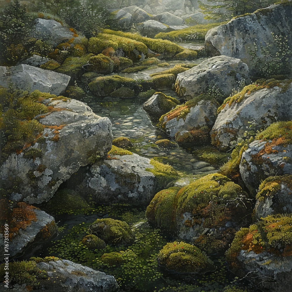 Nature's artistry, stones and moss in harmony on a soft pastel canvas, whispering tales of serene landscapes Nature's artistry, stones and moss in harmony on a soft pastel canvas, whispering tales of serene landscapes