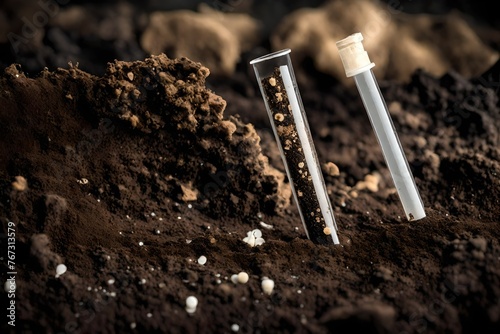 Microplastics in soil a test tube with soil sample - soil contaminated