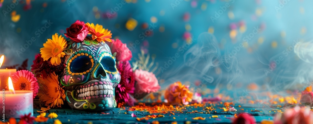 traditional Mexican celebration with symbolic decorations Banner promoting El Día de Muertos with ample copy space - obrazy, fototapety, plakaty 