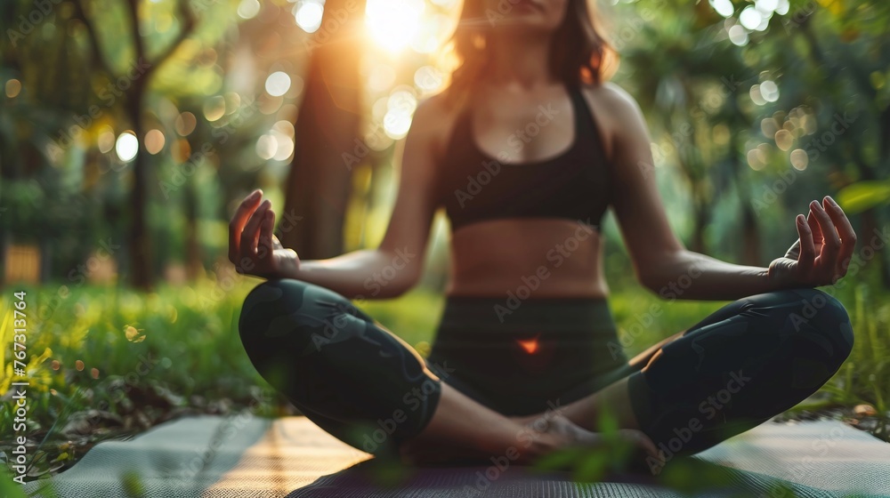 detailed closeup of a woman performing Padmasana on a yoga mat outdoors highlighting the lotus pose and the low angle view of her practice, emphasizing relaxation and mindfulness detailed closeup of a woman performing Padmasana on a yoga mat outdoors highlighting the lotus pose and the low angle view of her practice, emphasizing relaxation and mindfulness