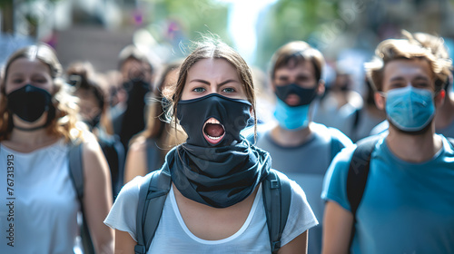 a group people demonstrating in the street their mouths covered in small black plaster , wearing in white ans blue photo