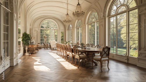 Light-filled oval chateau breakfast room with custom arched windows inlaid herringbone floors plaster barrel vaulted ceiling and chandelier above. © Aeman
