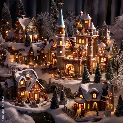 Christmas and New Year miniature village in the snow. Christmas landscape.