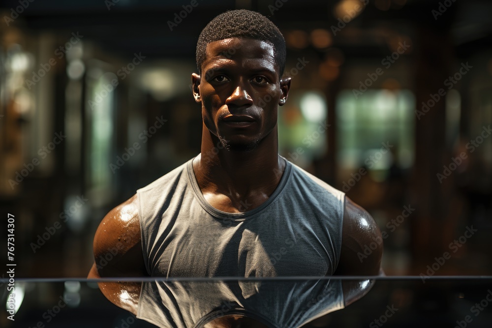 Muscular athlete in the face of full body mirror., generative IA Muscular athlete in the face of full body mirror., generative IA