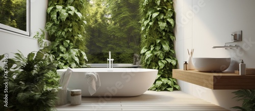A bathroom with a bathtub, sink, mirror, and plants creating a peaceful and natural atmosphere. The wood flooring adds a touch of warmth to the space